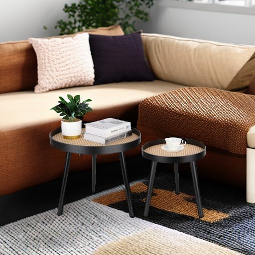 Rattan Round Side Table, Accent Table, Modern Boho Bedside Table, Mid-Century - Image 5