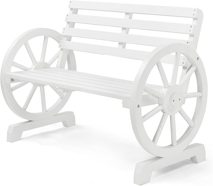 VINGLI Rustic Wooden Wheel Bench Outdoor Bench, Patio Bench Wagon Slatted Seat by VINGLI