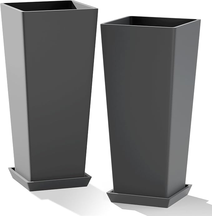 Set of 2 Tall Planters with Drainage Tray, 24 Inch Large Flower Pots by PolarcoForgeco