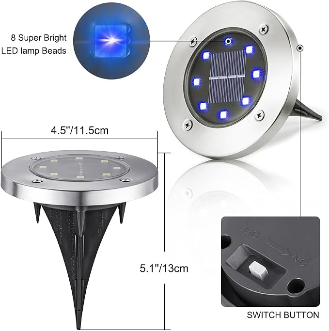 LYHOPE Solar Ground Lights Outdoor, 8 Pack 8 LED Solar Disk Lights Waterproof - Image 3