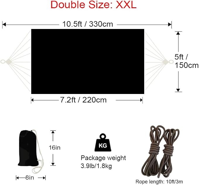 Double Hammock 2 Person Extra Large 330X150cm Load Capacity 600Pound Canvas - Image 3