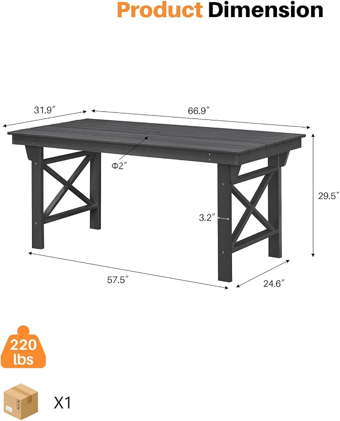 HDPE Outdoor Dining Table, 66.9” Rectangle Patio Dining Table - Image 4