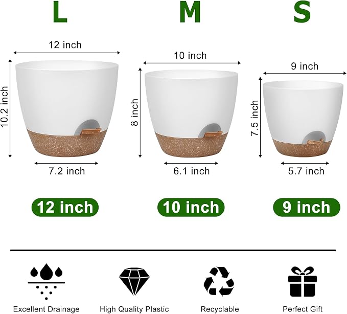 Plant Pots 12/10/9 Inch Self Watering Pots, Plastic Flower Pots, Nursery - Image 3