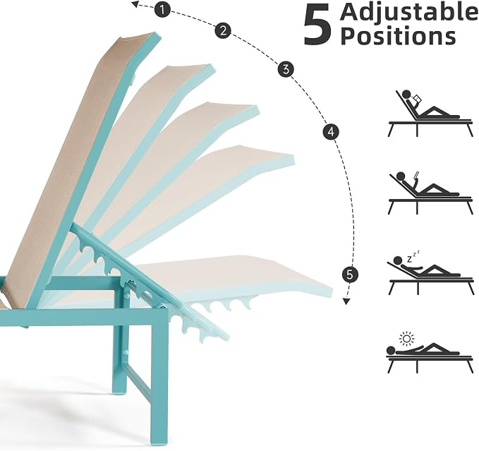 Outdoor Pool Lounge Chairs, Aluminum Patio Lounge Chairs, Five-Position - Image 5