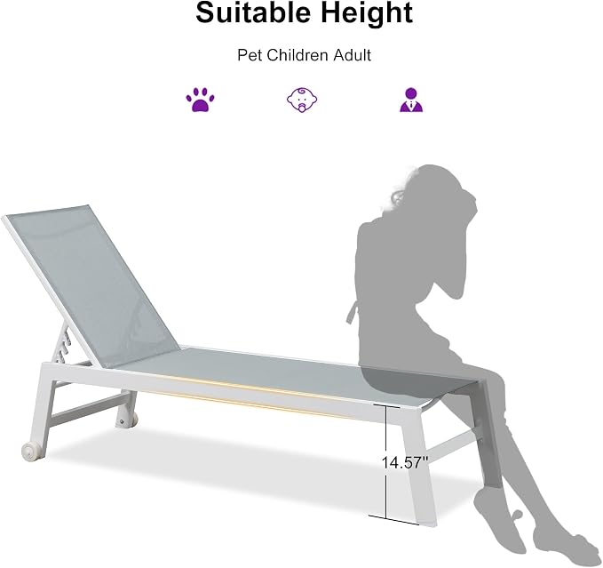 PURPLE LEAF Patio Lounge Chair 2 Pieces White Aluminum Outdoor Chaise Lounge - Image 8
