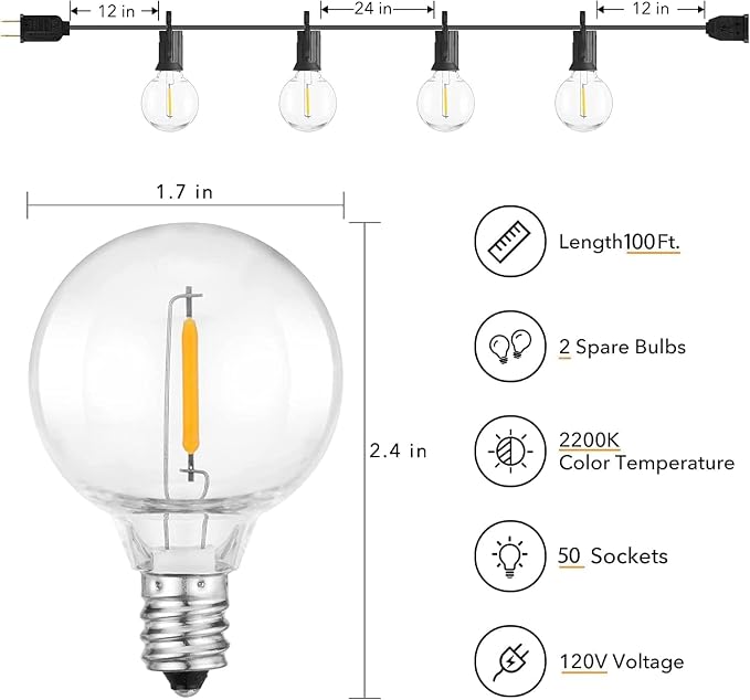 Brightown Outdoor String Lights, 100FT 50+2 G40 Bulbs Shatterproof Patio Lights - Image 2