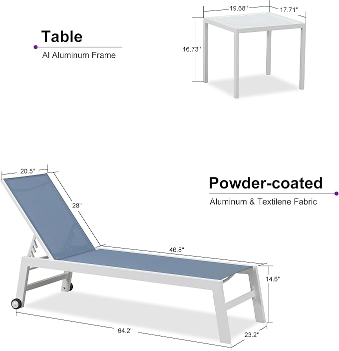 PURPLE LEAF Patio Lounge Chair 2 Pieces White Aluminum Outdoor Chaise Lounge - Image 2