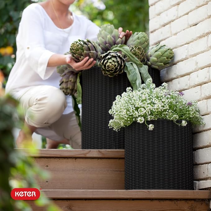 Keter Cylinder Set of 3 Rattan Resin Planter - Image 6