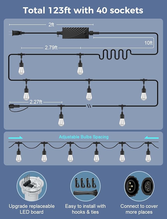 XMCOSY+ Smart Outdoor String Lights, 123Ft Patio Lights Waterproof, App Control - Image 8