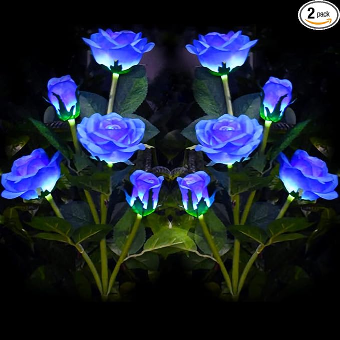 Outdoor Realistic Solar Powered Rose Flower Lights Stake, 2 Pack 10 Rose Solar by GONIMY