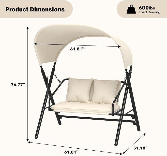AECOJOY Outdoor Porch Swings for Adults 600LBS 2 Seat Patio Swings - Image 6