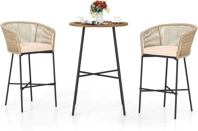 Tangkula 3 Pieces Rope Woven Patio Bar Set, Outdoor High Table and Chairs Set by TANGKULA