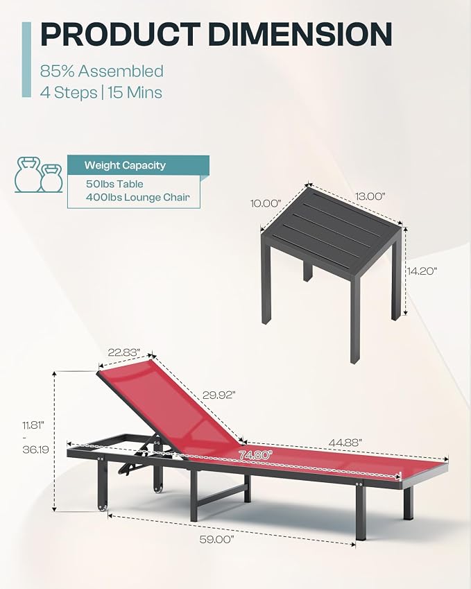 Aluminum Outdoor Lounge Chairs Set of 2, Pool Lounge Chairs - Image 2