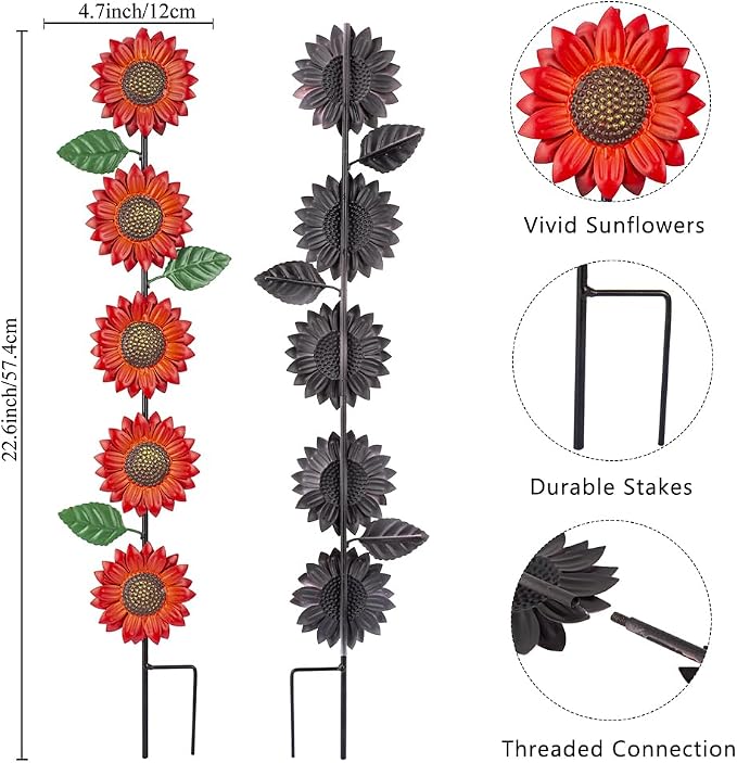 3 Pack Sunflowers Garden Stakes Decor, Metal Yard Art Decorative Garden Stakes - Image 3