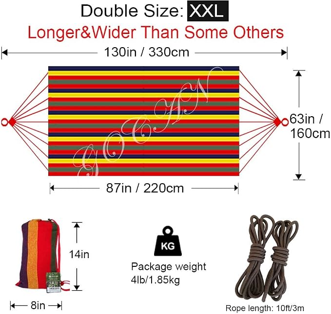 Double Hammock 2 Person Extra Large 220x160cm Total Length 330cm Load 500lb - Image 7