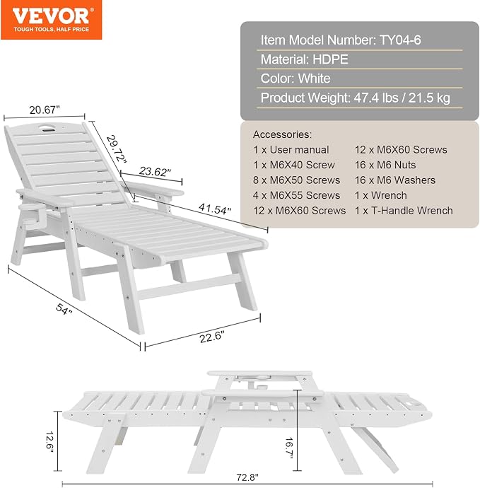 VEVOR Chaise Lounge Chair, 400 lbs Weight Capacity, 6 Positions Adjustable - Image 3