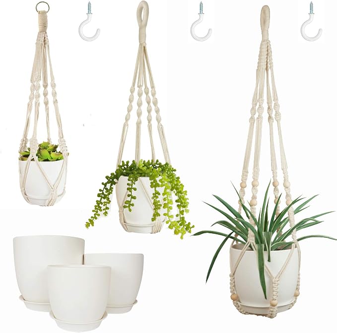 Macrame Plant Hangers with Pots and Saucers, 3 Pack Hanging Planters by Bouqlife