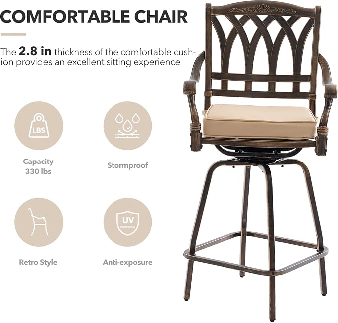 3 Piece Swivel Outdoor Table and Chairs Bar Set, All-Weather Cast Aluminum - Image 4