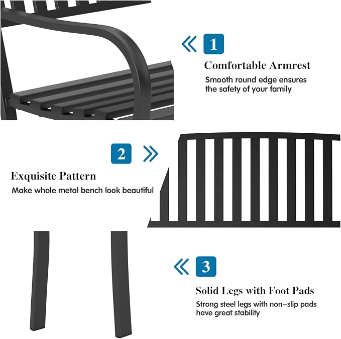 On Shine 50'' Outdoor Bench Weatherproof, Cast Iron All Metal Frame Garden Bench - Image 5