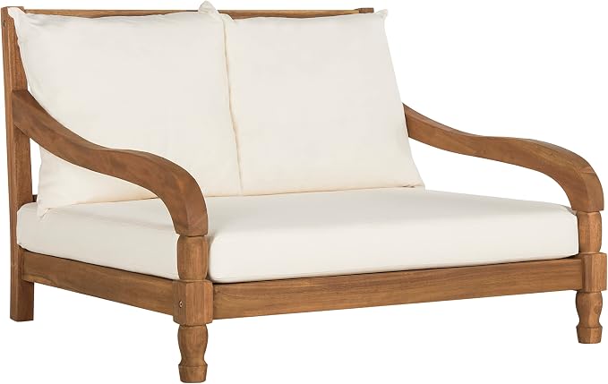 SAFAVIEH Outdoor Collection Pomona Natural Solid Wood/Beige Lounger Bench Sofa - Image 4