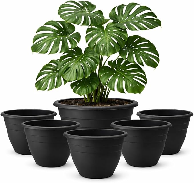 16 Inch Plant Pots Indoor Outdoor, 6 Pack Black Plastic Planters by RooTrimmer