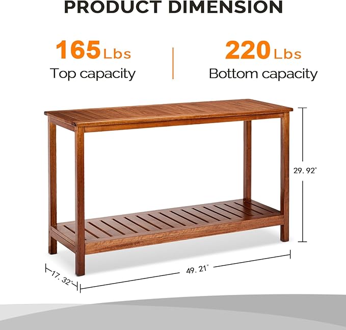 VINGLI 49in Solid Wood Outdoor Console Table, 2-Shelf Wooden Outdoor Accent - Image 3