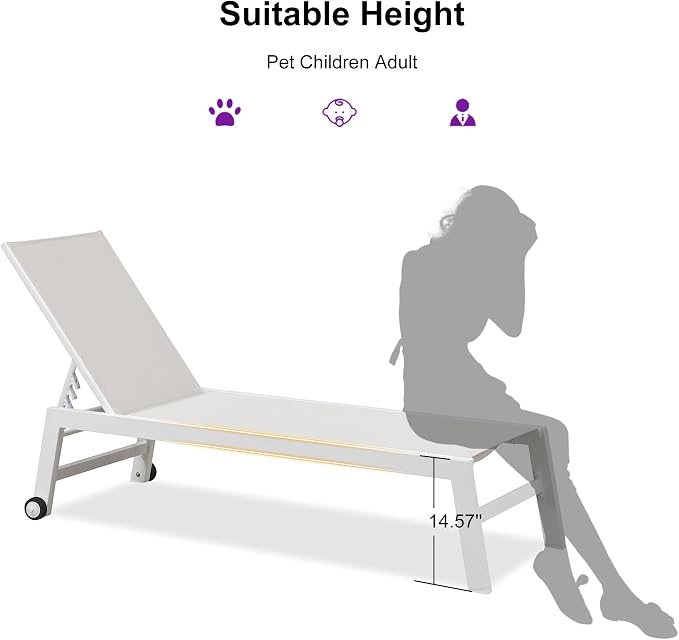 PURPLE LEAF Patio Lounge Chair 2 Pieces White Aluminum Outdoor Chaise Lounge - Image 8