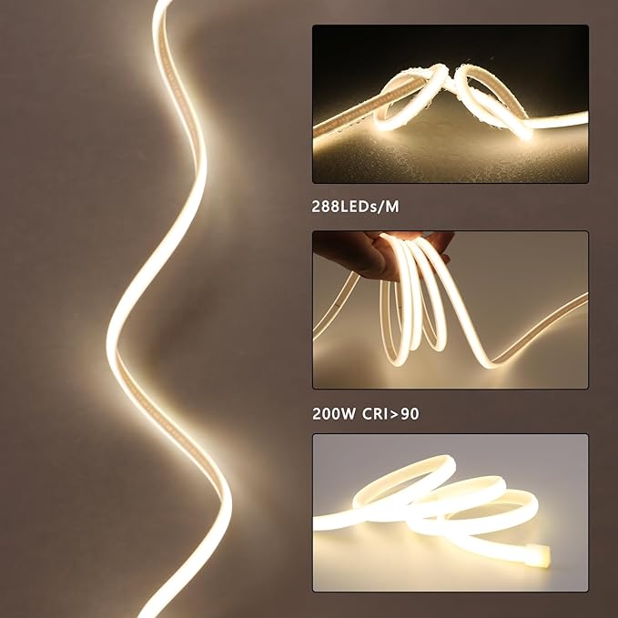 AC 110V COB LED Strip Lights Outdoor Waterproof 65.6ft, 4000K Natural White - Image 3