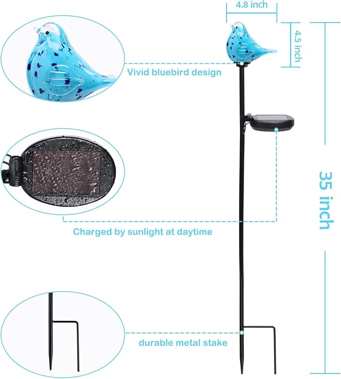 Afirst Decorative Solar Lights Outdoor Solar Bluebird Stake Lights Hand Blown - Image 4