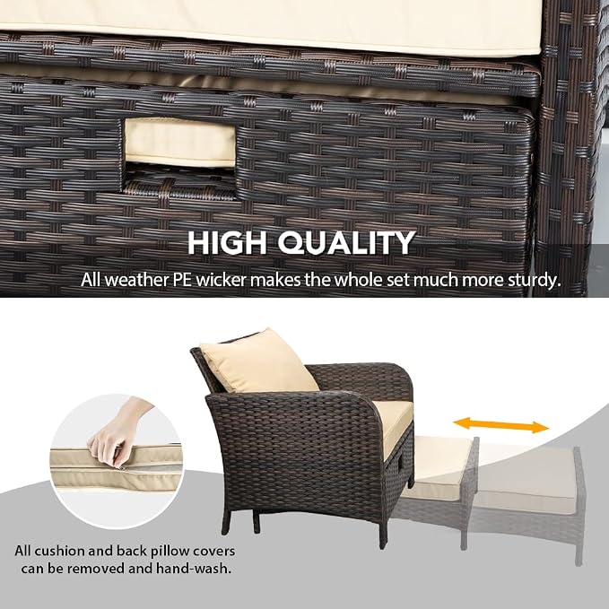 LEVELEVE Balcony Furniture 5 Piece Patio Conversation Set, PE Wicker Rattan - Image 4