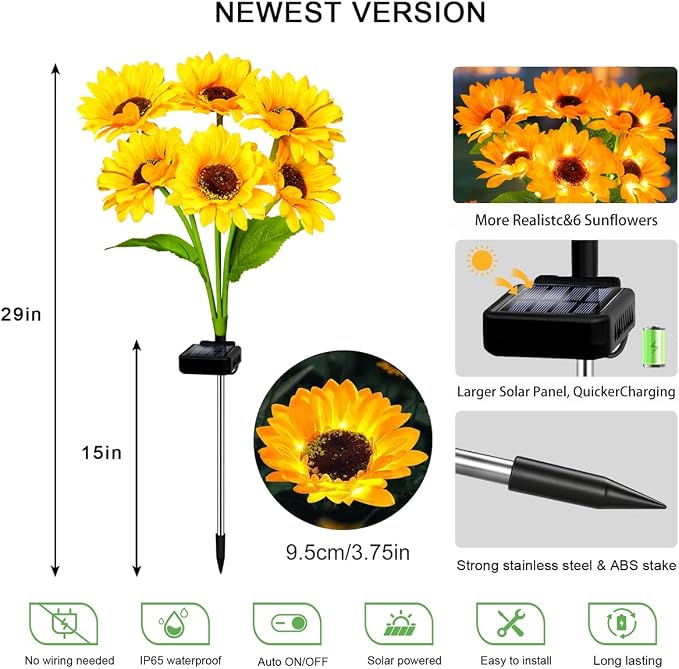 6 Pack Solar Sunflower Garden Lights 36 Vibrant Sunflowers LED Outdoor - Image 2