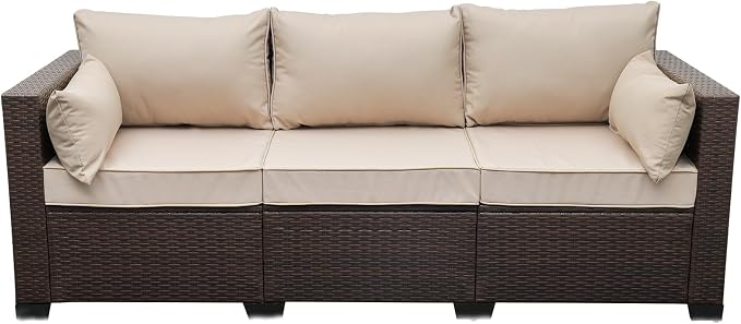 WAROOM Patio Couch PE Rattan 3-Seat Outdoor Sofa Brown Wicker Furniture Set by WAROOM