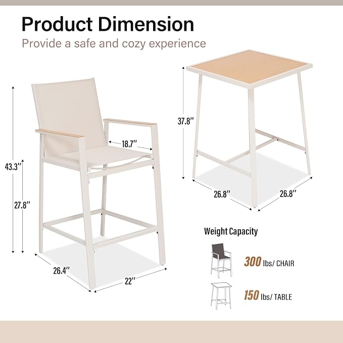 LAUSAINT HOME 3-Piece Patio Bar Set, All Weather Textilene Bar Height Table and - Image 7
