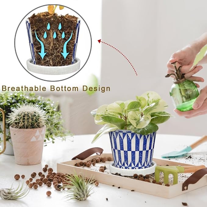 Small Ceramic Pots for Plants, 4.7 inch Blue and White Plant Pot Indoor - Image 4