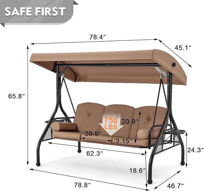 HOMREST 3 Seat Outdoor Porch Swing - Image 6