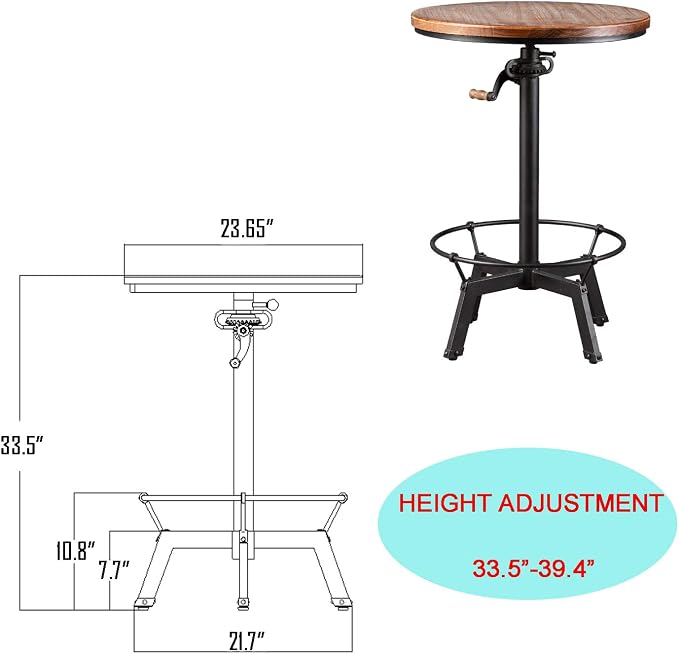 Topower Industrial Pub Table 23.65" Round Wood Top Adjustable Height 33.5"-39.4" - Image 3