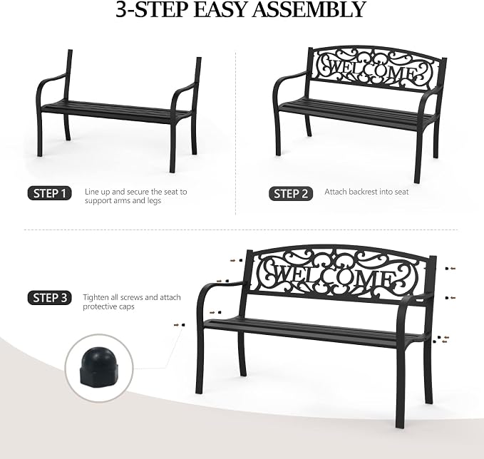 VINGLI Outdoor Bench for Patio Metal Garden Bench w/PVC Back Pattern - Image 6