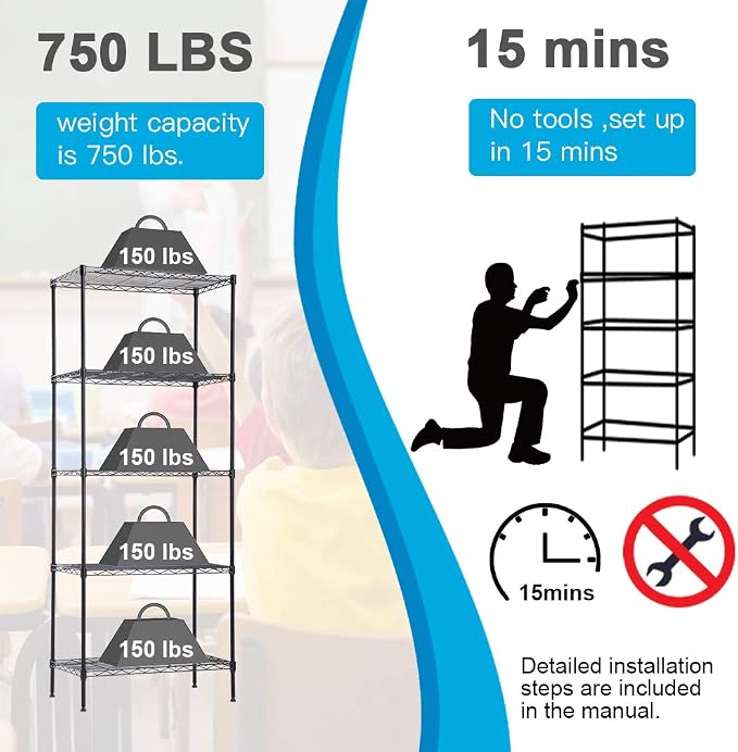 BestOffice | 5-Tier Wire Storage Shelves | 14x24x60 | Black| Heavy-Duty Metal - Image 5