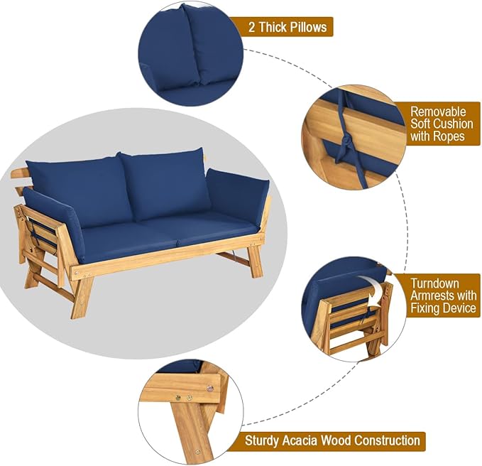 Tangkula Acacia Wood Patio Convertible Couch Sofa Bed - Image 6