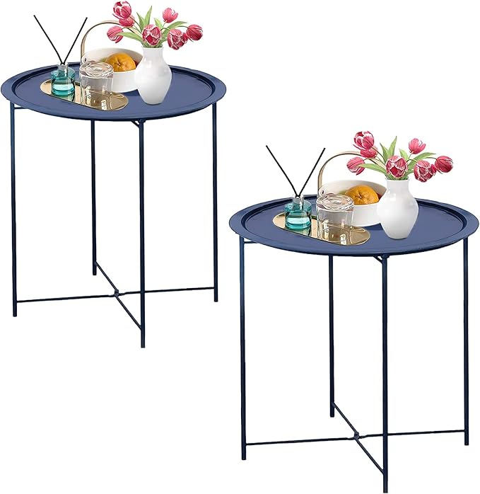 Garden 4 you End Table 2 PCS Metal Side Table Dark Blue Round Folding Tray Cyan by Garden4you