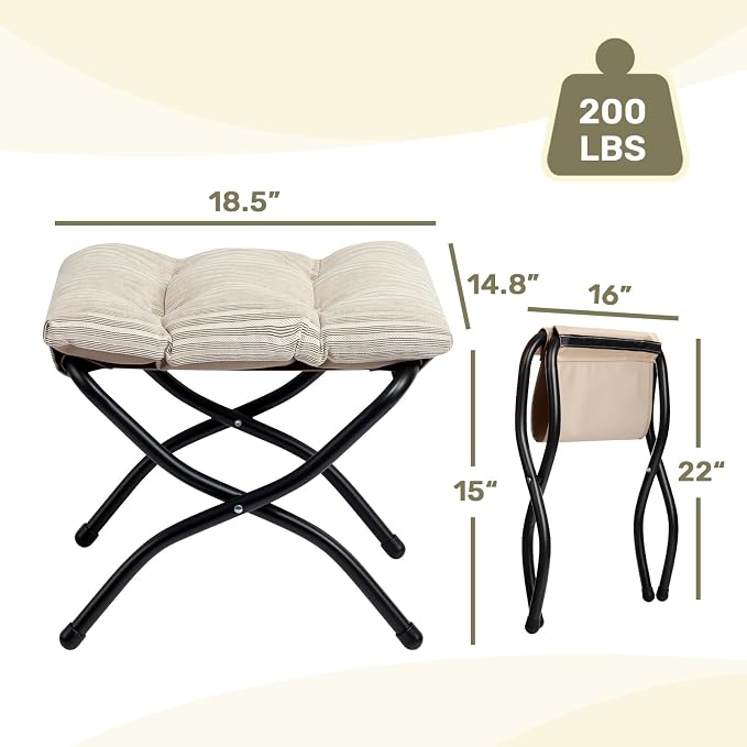 HollyHOME 15" Folding Footrest Stool, Upholstered Small Foldable Ottoman - Image 3