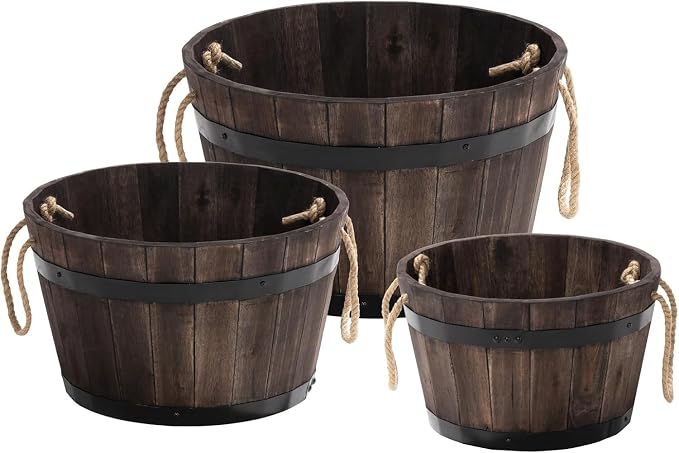 Set of 3 Wooden Flower Boxes Outdoor, Durable Acacia Wood Barrel Planters by Idzo