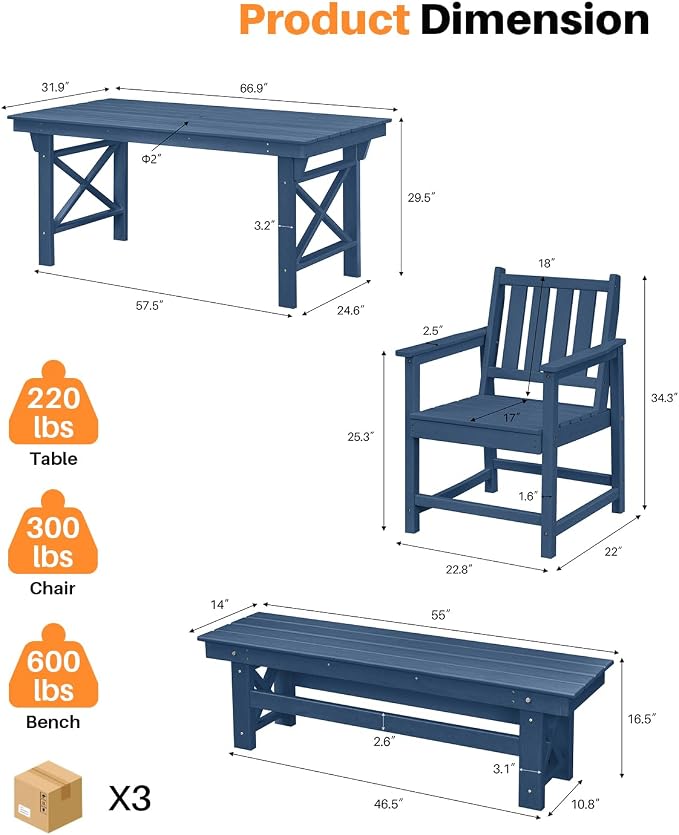 HDPE Outdoor Dining Set of 6, Patio Dining Table Set - Image 3