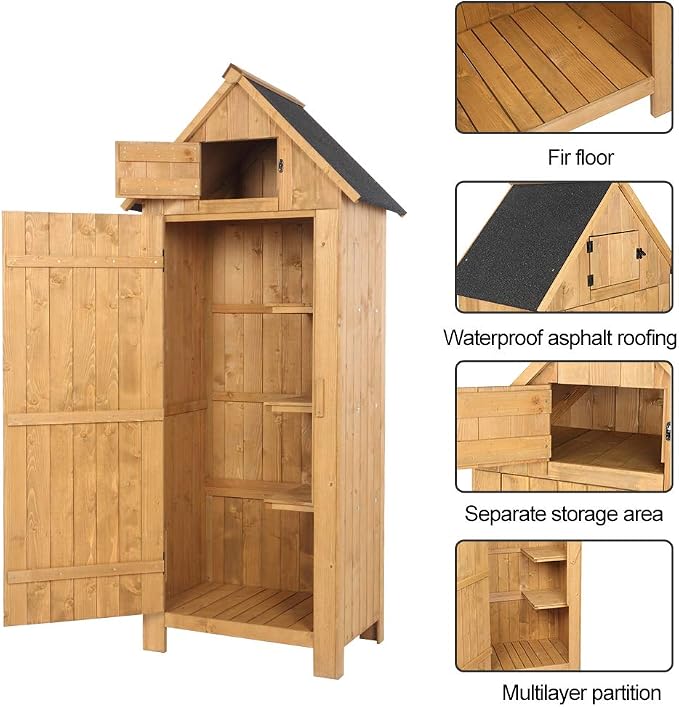 Outvita Outdoor Storage Cabinet, 70in Wooden Vertical Garden Tools Shed - Image 2