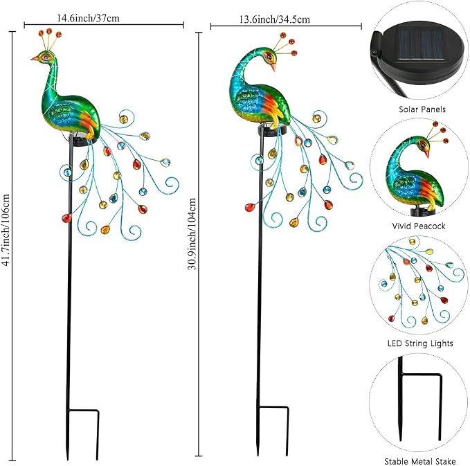 DREAMSOUL 2 Pack Peacock Solar Lights Outdoor, Tall Waterproof LED Outdoor - Image 2