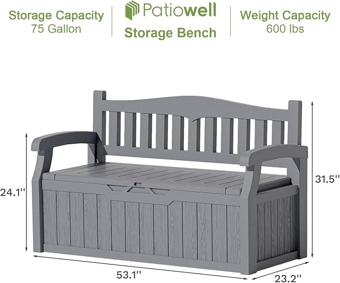 Patiowell 75 Gallon Plastic Storage Bench, Water-Resistant Deck Box - Image 3
