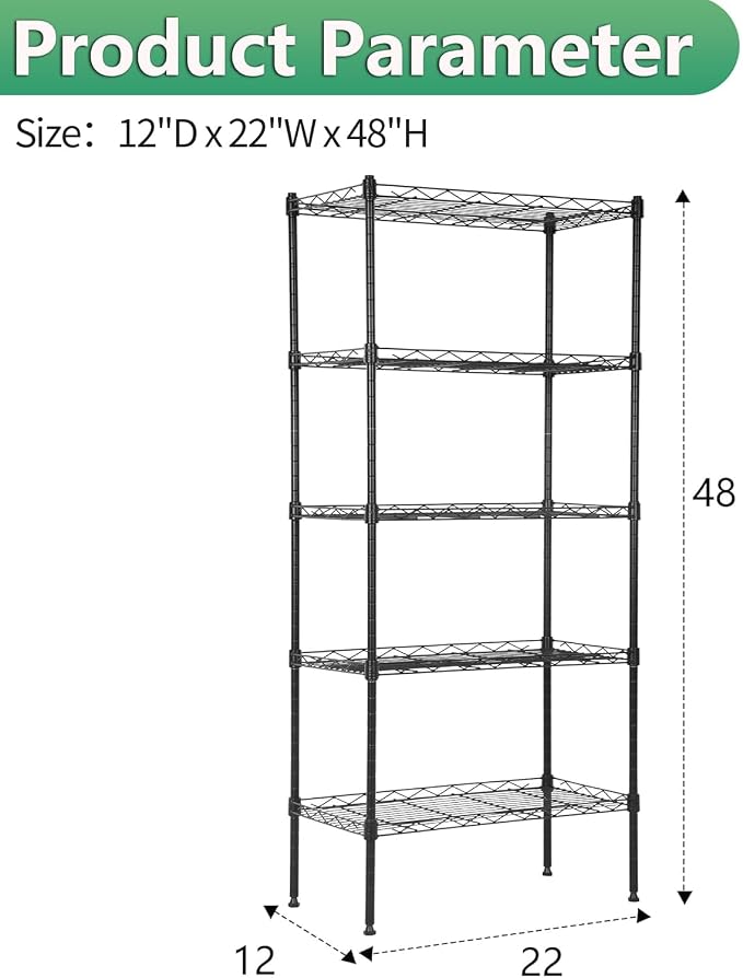 BestOffice | 5-Tier Wire Storage Shelves | 22x12x48 | Black | - Image 3