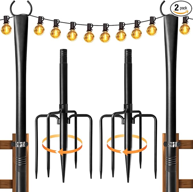 2 Pack String Light Poles for Outside, Thickened Metal Lights Hanger Pole by Fussion