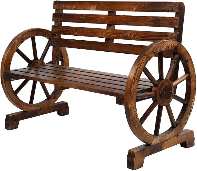 Outvita Wooden Garden Bench, Outdoor Rustic Wagon Wheel Bench by Outvita