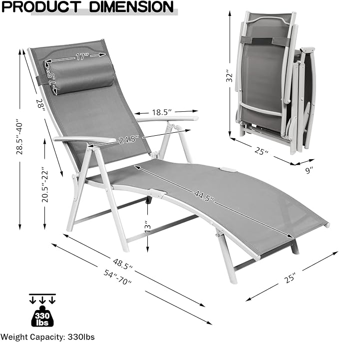 Giantex Chaise Lounge Chair for Outside, Pool Folding Reclining Beach Chair - Image 3